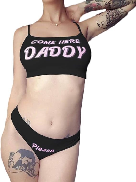 Multitrust Sexy Women Come Here Daddy Please Strappy Lingerie Set 2PCS Slutty Underwear Tank Tops and Panty Pajamas Sleepwear